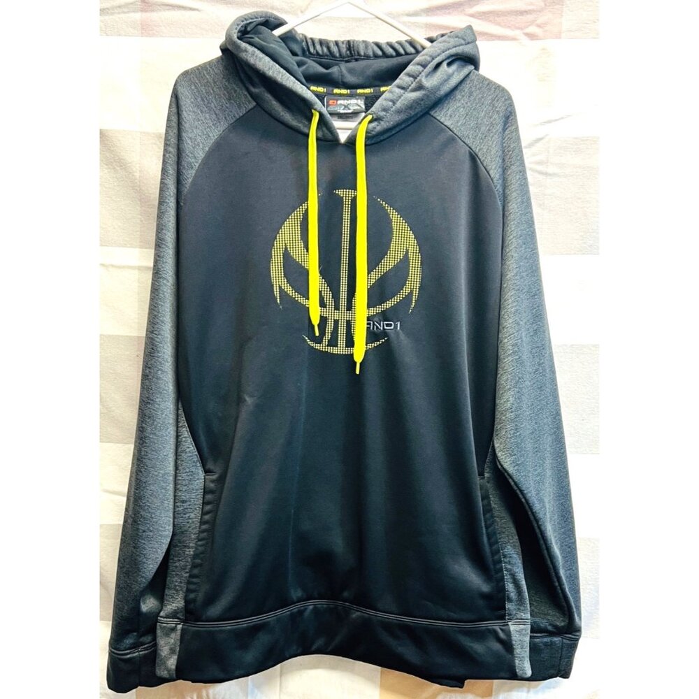 And1 Mens 2XL Black and Gray Hoodie Kangaroo Pocket Yellow Drawstrings Graphic